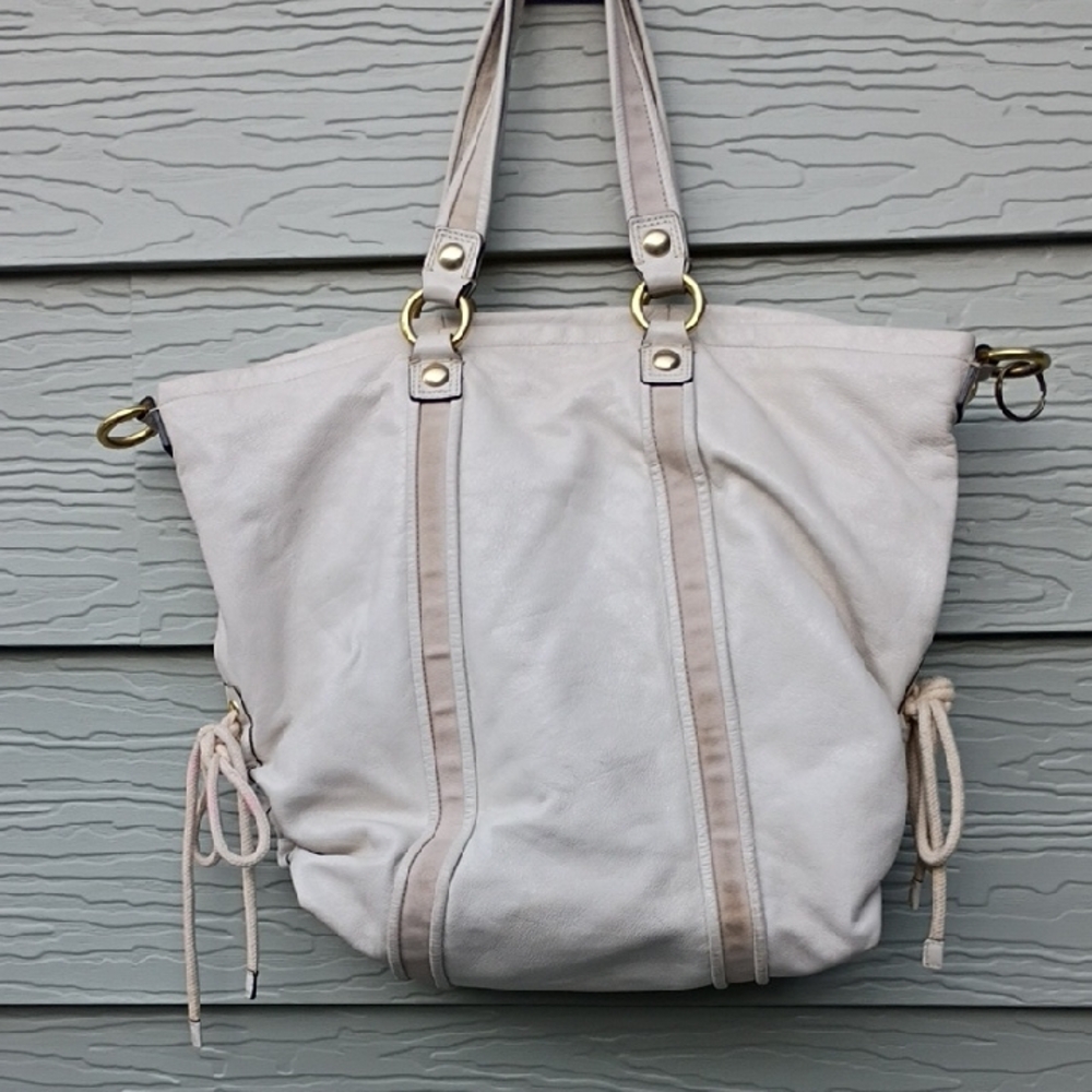 Coach Poppy White Leather Bag Tote 1456 Double Straps Gold Poppy Logo - Picture 5 of 17